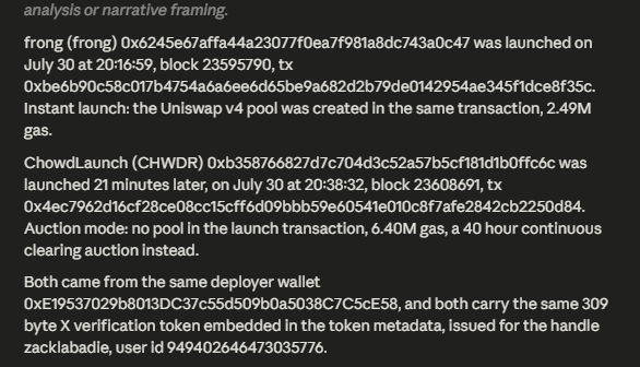 Blockchain analysis reveals that the $FRONG and $CHWDR tokens were both deployed by the same wallet (0xE19537029b8013DC37c55d509b0a5038C7C5CE58) associated with user @zacklabadie, with $FRONG launching on Uniswap V4 via an instant pool creation and $CHWDR launching via a 40-hour continuous clearing auction (CCA) on the same block.