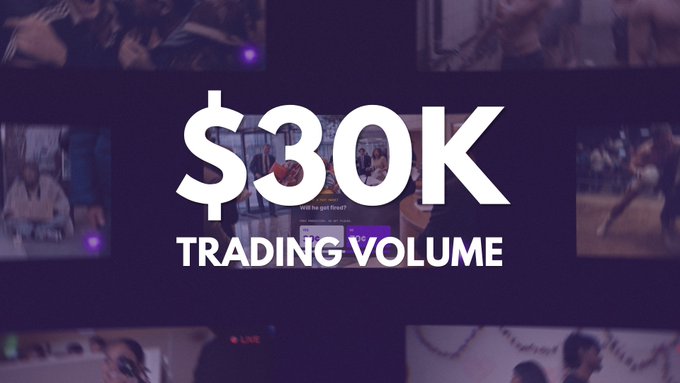 The image highlights "$30K TRADING VOLUME" in bold white text against a dark background, with small video thumbnails visible around the edges. In the context of "Slowly, then all at once," it suggests a milestone of reaching $30K in trading volume—achieved through gradual, steady growth that eventually culminates in a significant breakthrough.