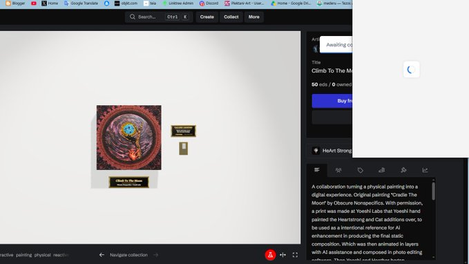 A screenshot of an NFT marketplace webpage showing a digital artwork titled "Climb To The M...". The description mentions a collaboration between "Obscure Nonspecifics", "Yoshi S Labs", and "Yoshi S", who worked with "Heartstrong" to create the piece, which involves an AI assistance for the first static layers.