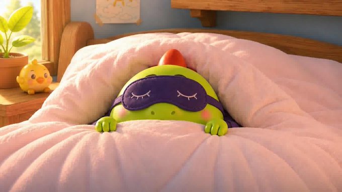 A small green cartoon character wearing a purple sleep mask rests in a cozy bed with pink covers, with a yellow chick figurine on the nightstand.