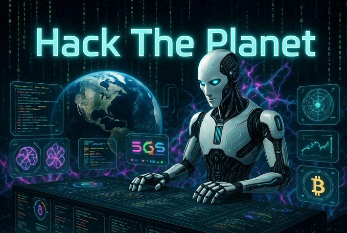 Cyberpunk-style 'Hack The Planet' illustration featuring a humanoid robot operator at computer terminals with Earth, code interfaces, and Bitcoin icons in glowing cyan and purple.