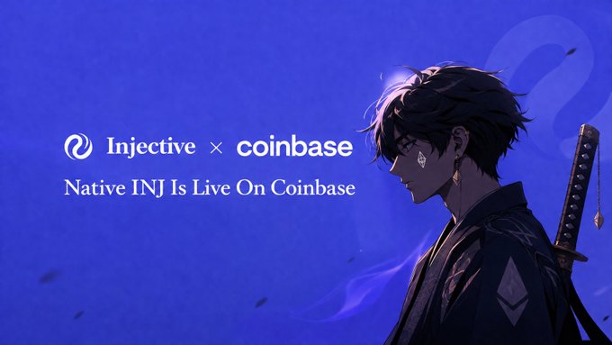 An anime-style promotional image announcing that 'Native INJ Is Live On Coinbase' featuring the Injective and Coinbase logos alongside an illustrated character with a sword.