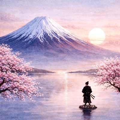 A serene painting of Mount Fuji at sunset with a samurai standing on a rock in the foreground and cherry blossom trees on either side framing a calm lake.