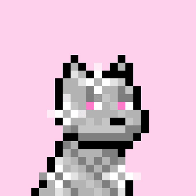 Pixel art of a gray dinosaur character with pink cheeks on a pink background.
