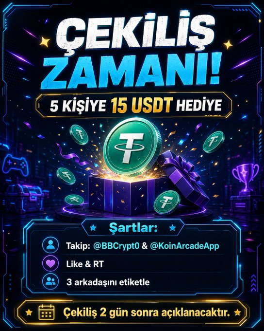 A vibrant blue and purple promotional graphic announces a Turkish-language crypto giveaway ("ÇEKİLİŞ ZAMANI!"), featuring 5 winners receiving 15 USDT each, with participation rules requiring follows to @BBCrypt0 and @KoinArcadeApp, liking/RTing, and tagging 3 friends, with results announced in 2 days — directly visualizing the giveaway described in the accompanying tweet.