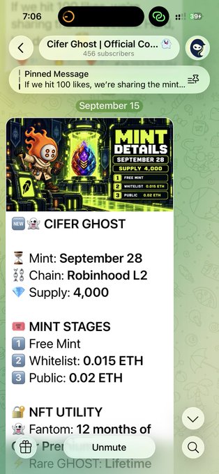 A Telegram channel post from 'Cifer Ghost' (456 subscribers) showing mint details for September 28 with a supply of 4,000 on the Robinhood L2 chain, with mint stages including Free Mint, Whitelist (0.015 ETH), and Public (0.02 ETH).
