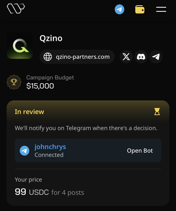 The image shows a screenshot of an iPhone screen with a lot of text and details related to a social media platform named Quackers. There are posts and comments about the campaign, and some users have sent messages on the app as well. The main part of the app features a review section, which appears to be open. In this area, there is a note indicating that someone has notified them on Twitter when they made a decision. The post also provides the price of connecting to the app for four posts, and it is set at 99 USDC (99 cents).