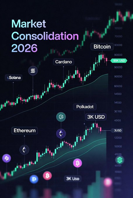 A digital financial chart titled "Market Consolidation 2026" displays cryptocurrency price movements, featuring candlestick graphs labeled with Bitcoin (near 90K USD), Ethereum, Cardano, Solana, and Polkadot (at 3K USD), illustrating the bullish market trend and altcoin rotation highlighted in the post.