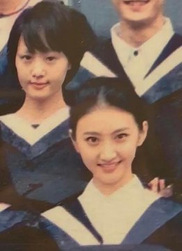 A vintage graduation-style photo shows two young women in dark academic gowns with blue and white collars smiling at the camera, with a third person partially visible in the background. The image illustrates the post about Beijing Film Academy's 2007 graduating class, which featured notable classmates and roommates Jing Tian and "Shuangzi" (Zheng Shuang), marking a historically significant cohort in the acting department.