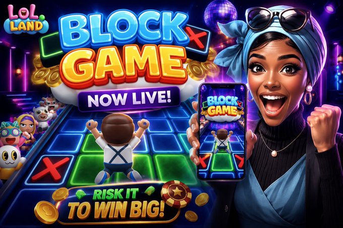 The image features an advertisement for a new video game called "Block Game". The main focus of the ad is a woman holding up her phone, showing off a game app that she has been playing. She appears excited about the game and its challenges. The background of the ad shows a blue neon-lit room with people standing around, creating an atmosphere of fun and excitement. The text in the image reads "BLOCK GAME", "NOW LIVE!", and "RISK IT TO WIN BIG!". These phrases emphasize that the game is currently available for download and encourages players to take part in it by taking risks and potentially winning big.