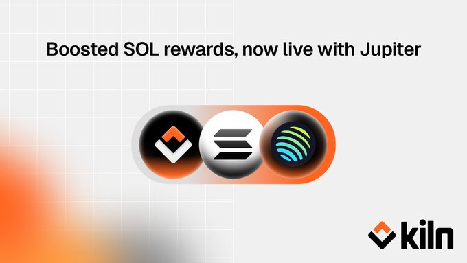 The image features a promotional graphic with the text "Boosted SOL rewards, now live with Jupiter" displayed at the top. It showcases three interconnected circular icons representing crypto assets: Avalanche (AVAX), Solana (SOL), and Jupiter (JUP). In the bottom right corner, the Kiln logo appears with its distinctive diamond symbol, signifying the partnership announcement between Kiln_finance and Jupiter for jupSOL staking services, allowing institutional clients to earn rewards while maintaining DeFi liquidity.