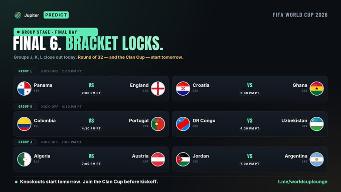 The image displays Jupiter's PREDICT platform announcing the final 6 group stage matches for FIFA World Cup 2026, featuring games from Groups J, K, and L including Croatia vs Ghana, Colombia vs Portugal, and Argentina vs Jordan, all locking before tomorrow's $3000 Challenge and Clan Cup kickoff.