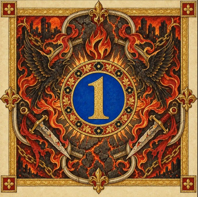 An ornate, medieval-style emblem featuring a blue circle with a gold '1' in the center, surrounded by flames, black wings, and crossed swords.