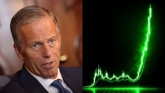 Senator John Thune is pictured next to a bright green candlestick chart depicting a steep upward trend, symbolizing significant growth. This image visually represents the potential "unlocking" of over $30 trillion for crypto, as announced by the accompanying post.