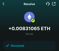 A mobile crypto wallet confirmation screen showing a received transaction of +0.00831065 ETH (approximately $10.00).