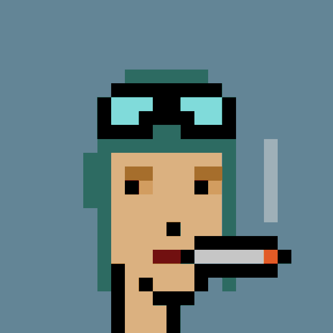 A pixel art portrait of a teal-haired character wearing black sunglasses and smoking a cigarette, representing CryptoPunk #382 in the distinctive 8-bit style of the NFT collection.