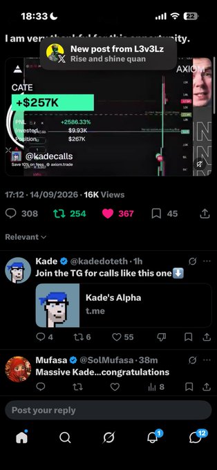 A Twitter/X screenshot showing a post from @kadecalls displaying trading statistics including '+$257K' and 'Executed_Profit: $258.33K' with a notification 'New post from L3v3Lzz' at the top.