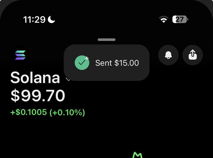 A Solana widget on a mobile lock screen showing the price at $99.70, up $0.1005 (+0.10%), along with a notification that $15.00 was sent.