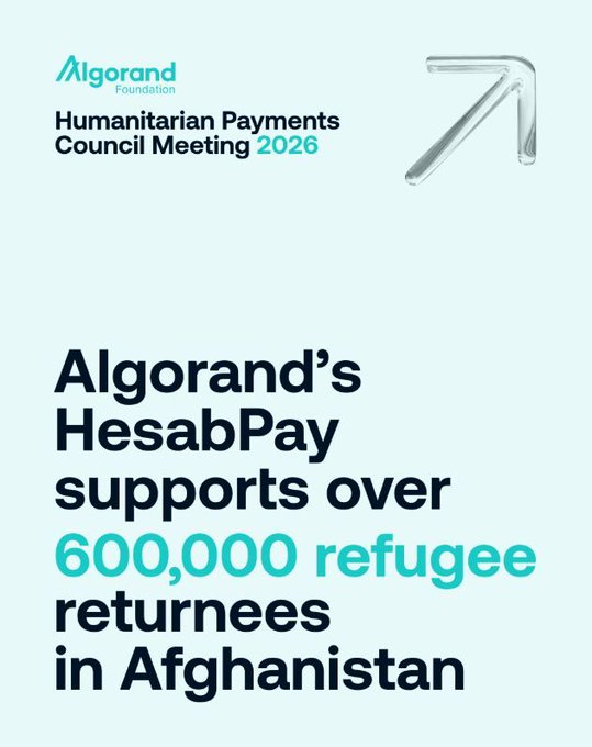 An Algorand Foundation announcement for the Humanitarian Payments Council Meeting 2026, stating "Algorand's HesabPay supports over 600,000 refugee returnees in Afghanistan".