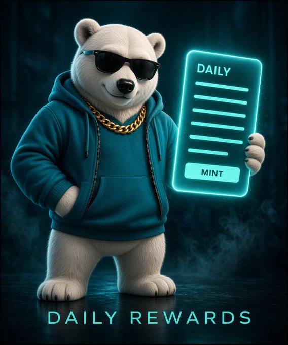 A digital illustration features a polar bear wearing sunglasses, a gold chain, and a teal hoodie, holding a glowing cyan digital notepad labeled 'DAILY' with a 'MINT' button, above the words 'DAILY REWARDS'.