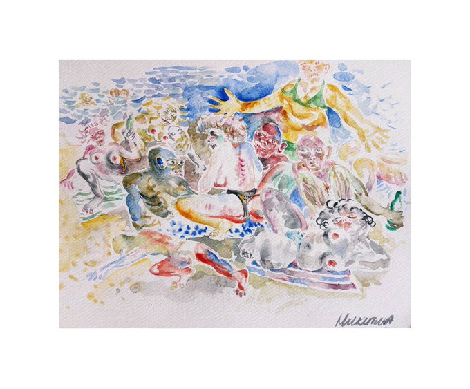 A watercolor painting depicting a chaotic, crowded beach scene with numerous nude figures in pastel colors, signed "Нижиных" (Nizhnykh) in the bottom right corner, corresponding to the NFT artwork "at the city beach" (objkt.com/tokens/hicetnu) with 7 editions of 10 remaining at 7 #tez.
