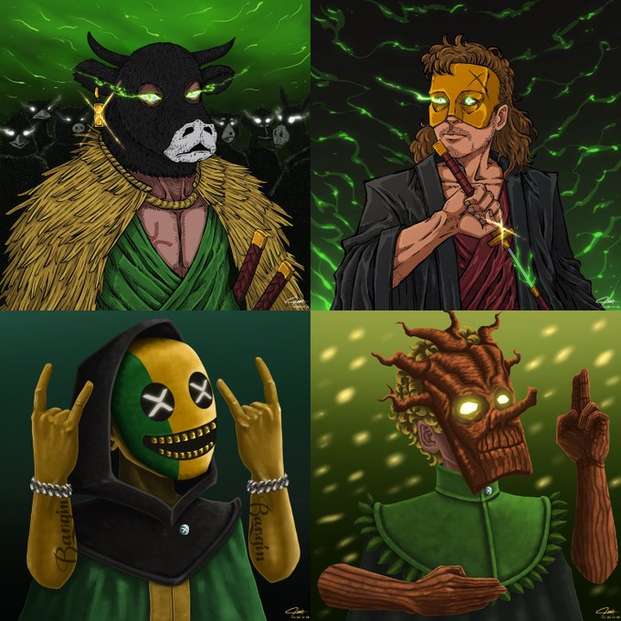 Four illustrated characters with glowing green eyes wearing various masks including a bull mask, a man with X marks, a skull mask, and a tree-like face, all making hand gestures.