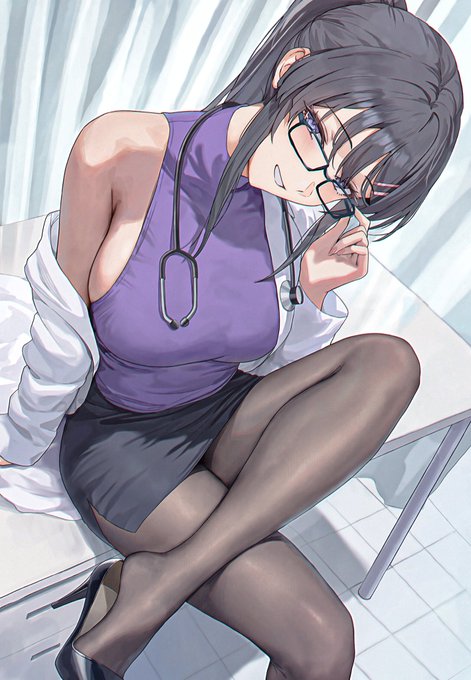 An anime-style illustration of a woman wearing glasses, a purple top, dark skirt, and black pantyhose, sitting on what appears to be an examination table with a stethoscope around her neck.