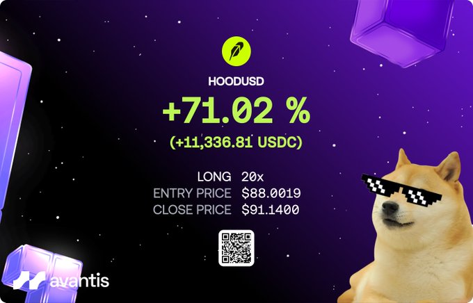 The image shows a meme that features a brown dog wearing glasses and sunglasses, sitting at attention with "HOOD" written above its head. The background of the image is dark purple, providing a stark contrast to the dog and making it stand out prominently in the frame. The text on the image reads: "one trader capitalised on the $HOOD pump AI-agentic ecosystem & launching World Cup betting for US users Robinhood isn't a boring brokerage anymore @avantisfi into +$11,336 USDC profit while everyone else was just watching the game". This meme includes a question about the price of the game and a reference to Robinhood. The overall composition and visual elements create an amusing and eye-catching display.