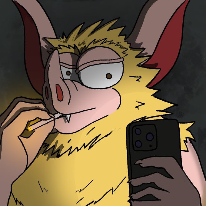 A cartoon bat-like creature smokes a cigarette while looking at a smartphone, suggesting the laid-back, confident attitude of a crypto project team as they announce plans to add 10k to the liquidity pool and lock it, with the goal of achieving the highest LP to market cap ratio on Robinhood.