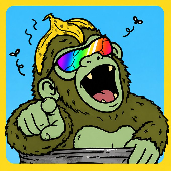 A cartoon gorilla with rainbow sunglasses and a banana peel on its head roars enthusiastically with a thumbs-up, surrounded by flies, perfectly capturing the wild, chaotic energy of the $DUMPSTR meme coin announcement.