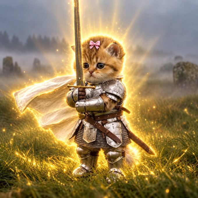 A whimsical digital artwork of a cute orange kitten wearing medieval knight armor and a white cape, holding a sword upright with a glowing golden aura, with a small pink bow on its head.