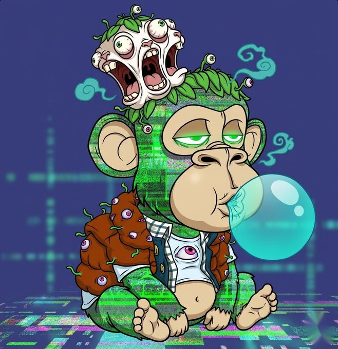 A digital illustration of a stylized, glitch-effect monkey character with multiple eyes, a skull-like head, and a green pixelated body, blowing a blue bubble gum bubble against a dark blue background.