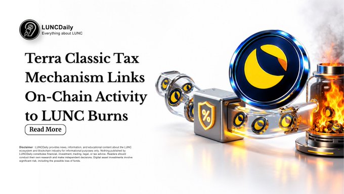 A news banner from LUNCDaily titled 'Terra Classic Tax Mechanism Links On-Chain Activity to LUNC Burns,' accompanied by 3D graphics of LUNC coins, a percentage padlock, and a burning mechanism.