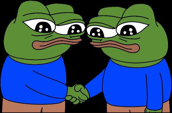 Two green Pepe-style cartoon frogs in blue shirts face each other and clasp hands against a black background.