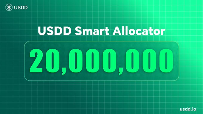 The image features a green background with white text that reads "USDD Smart Allocator 20,000,000". The text is positioned at the top of an image, which has a grid-like pattern. This design choice suggests that the image might be used for promotional purposes or to highlight a specific feature related to USDD's smart asset allocation strategy.