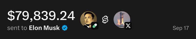 A digital payment notification showing $79,839.24 sent to Elon Musk on Sep 17, featuring a profile picture and a SpaceX rocket.