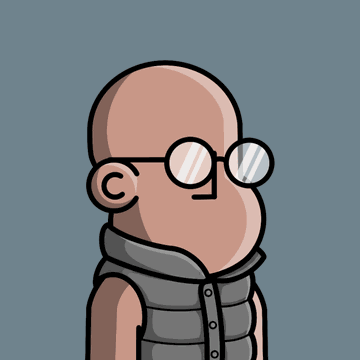 A simple cartoon profile of a bald man wearing round glasses and a grey puffer vest against a solid blue background.