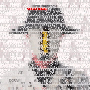 A word cloud art piece forms the shape of a figure, with highlighted words including "VOCALIONAL", "THRESPE", "RSRCAR", "KEYSKHUSKS", "UNGLS", "RECEIVE", "MUNGLS", "UNGLS", "VIDEOS", "NIGHTCREMUS", "CHAGHERIO", "AISEREM", and "ALIGHT."
