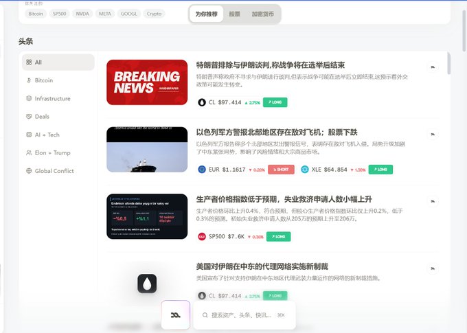 A Chinese-language financial news website ('头条') displaying various market headlines about Trump-Iran tensions, Israeli military jets, US producer prices, and digital asset policies, with currency and crypto ticker prices visible.