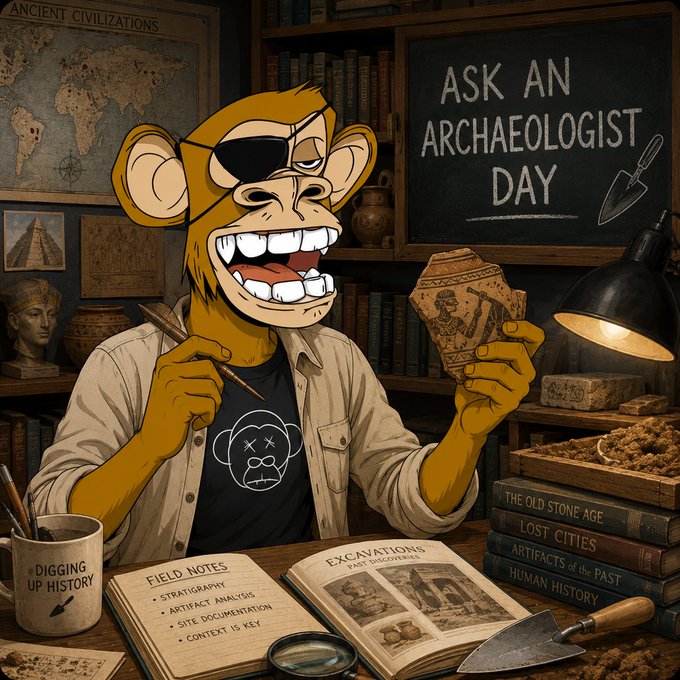 A cartoon monkey pirate with an eye patch examines an ancient artifact in an archaeologist's study, with a chalkboard reading 'Ask an Archaeologist Day' and field notes mentioning stratigraphy and artifact analysis.