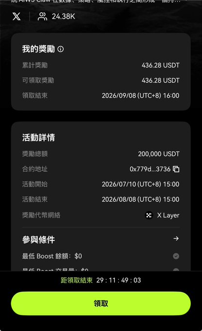 Mobile app rewards page showing my rewards of 436.28 USDT from a 200,000 USDT activity pool on X Layer network, with a countdown of 29 days to claim.