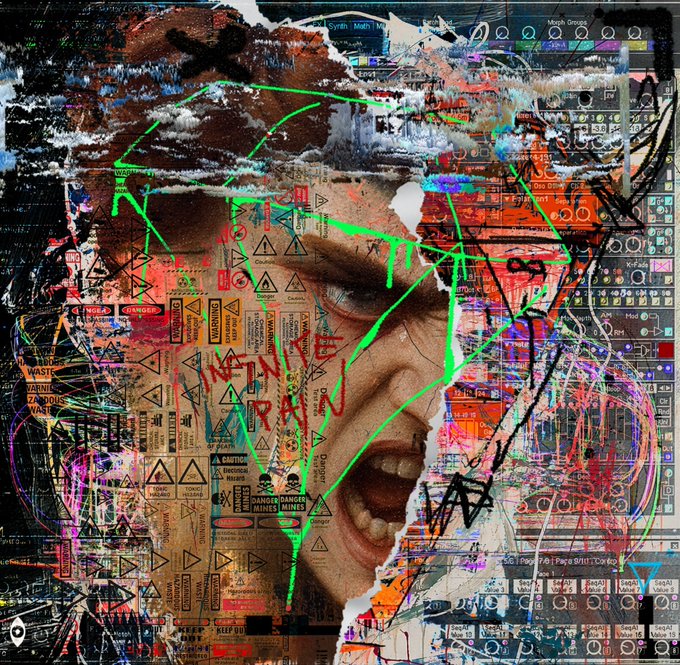 A chaotic mixed-media collage featuring a screaming face overlaid with green graffiti lines and various hazard warning signs and UI elements.