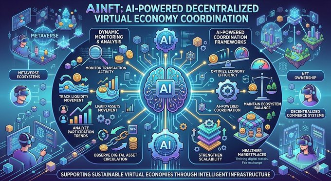The image features a large blue and purple poster with various illustrations of people using virtual reality technology. The poster also includes text that explains the concept of AI-powered decentralized virtual economy coordination, which involves the use of AI for efficient resource management and distribution within virtual economies. The poster is set against a dark background, making it stand out prominently.