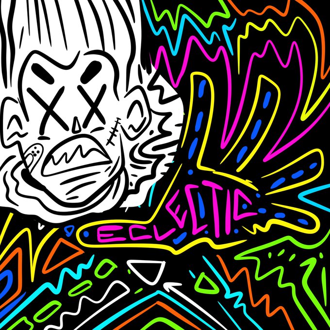 A vibrant, chaotic neon-style illustration featuring a stylized skull-like character with X-eyes and stitched mouth, surrounded by colorful wavy lines and the text 'ECLITIC'.