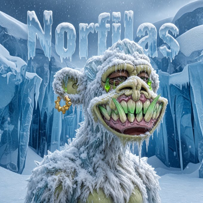 A monstrous frozen creature with green teeth, a wide grin, and icicles dripping from its face in an icy cave, with the word 'MortFias' written in icy letters above it.