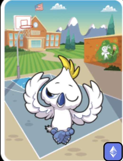 A digital NFT artwork featuring a white cockatoo character with a yellow crest standing on a basketball court in front of a school building and mountains, with an Ethereum symbol in the corner.