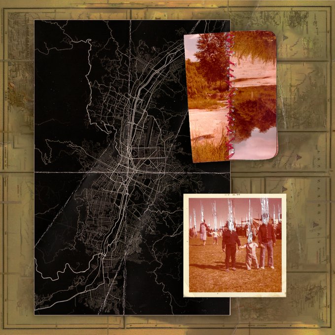 A collage featuring a black and white city map, a vintage pink-toned photograph of a river scene in a spiral notebook, and a black and white photo of a family outdoors, all layered over a background of old newspaper clippings.