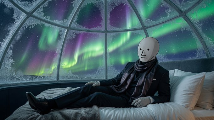 A figure in a dark suit and scarf wearing a featureless white mask reclines on a bed beneath a glass dome, framed by shimmering green and purple aurora borealis. The image evokes a surreal, otherworldly atmosphere that complements the cryptic "GM $NPC's" message—suggesting a detached, anonymous presence witnessing the northern lights in solitude.