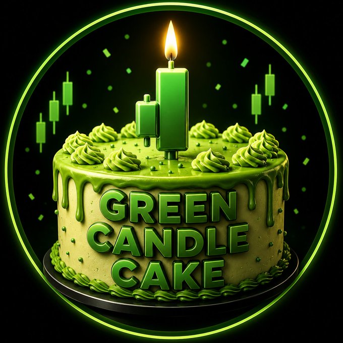 A glowing neon-green logo featuring a frosted cake with the text "GREEN CANDLE CAKE" on its side, topped with two green candle-like bars and a lit flame, surrounded by candlestick chart patterns—promoting the launch of the Green Candle Cake website and Telegram community as referenced in the accompanying post.
