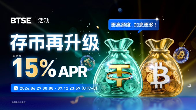 A promotional graphic for BTSE's "Deposit and Earn Interest" upgrade event featuring stylized money bags filled with USDT and BTC coins, highlighting up to 15% APR from June 27 to July 12, 2026 (UTC+0).